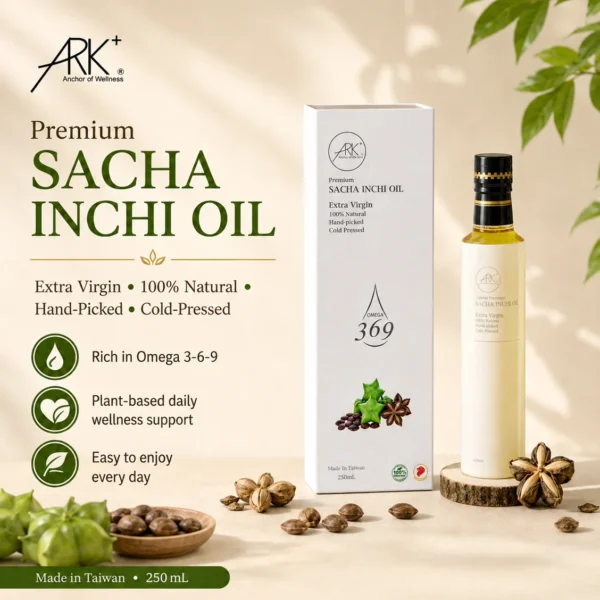 ARK+ Premium Sacha Inchi Oil 250mL bottle and box featuring extra virgin, cold-pressed label