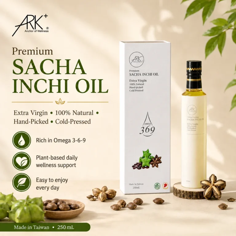 ARK+ Premium Sacha Inchi Oil 250mL bottle and box featuring extra virgin, cold-pressed label