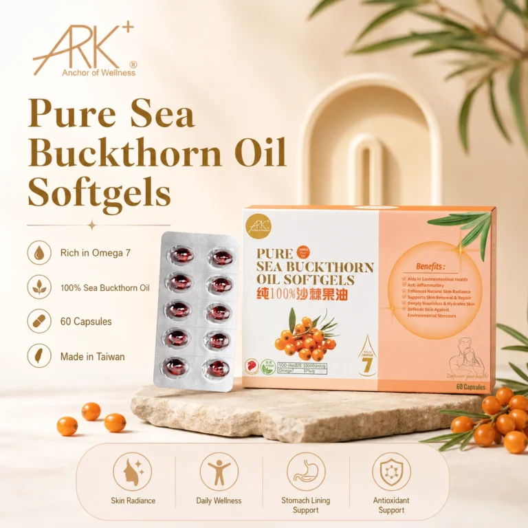 ARK+ Pure Sea Buckthorn Oil Softgels box and blister pack highlighting Omega 7 and skin radiance